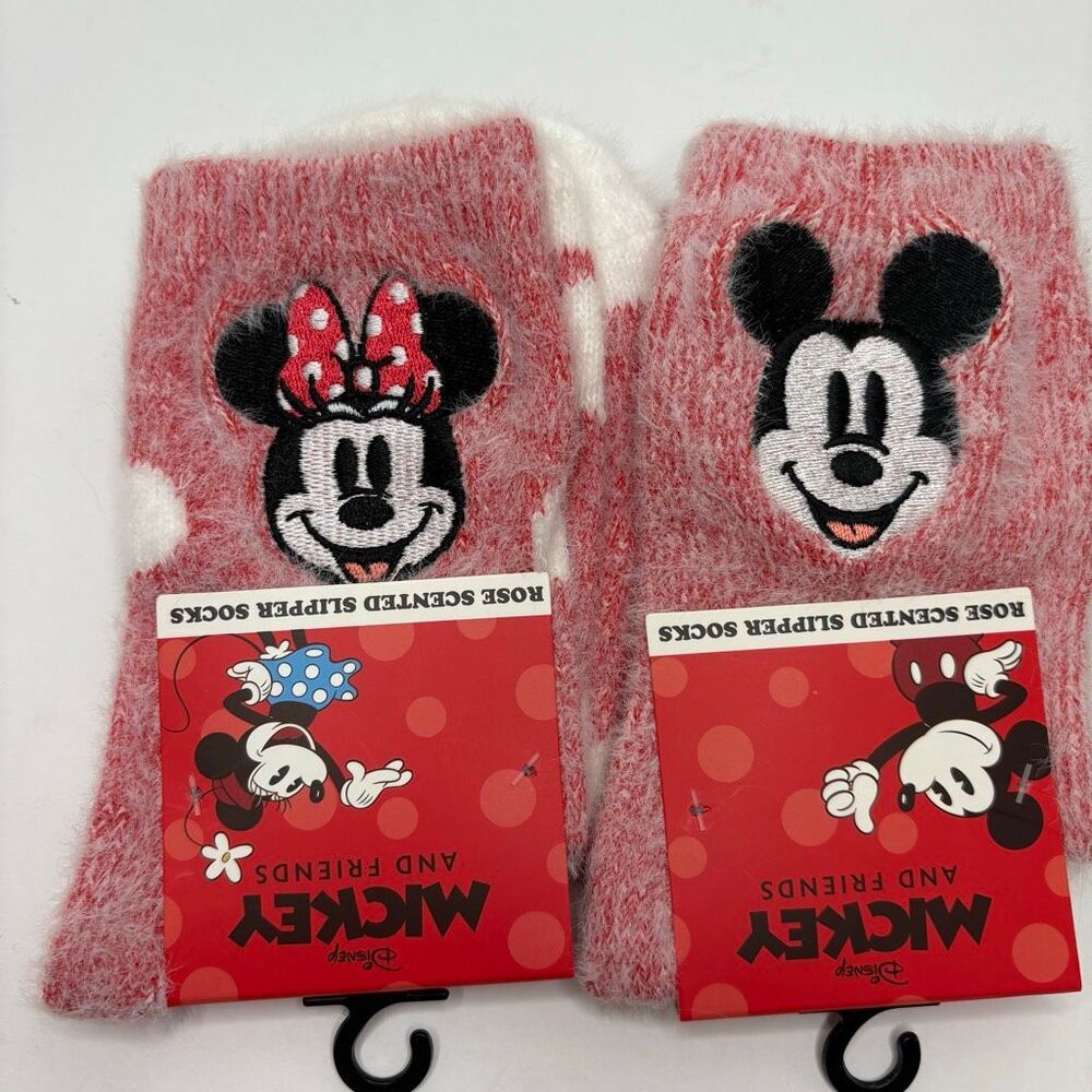 Disney Minnie And Mickey Mouse Rose Scented Fuzzy Slipper Socks One Size NWT
